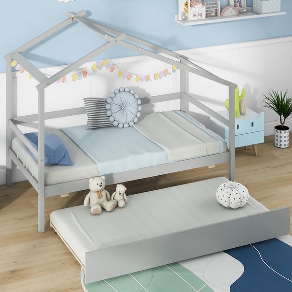 slide 2 of 17, Gymax Twin House Bed w/ Trundle w/ Roof & Fence Rails Wooden Platform Grey