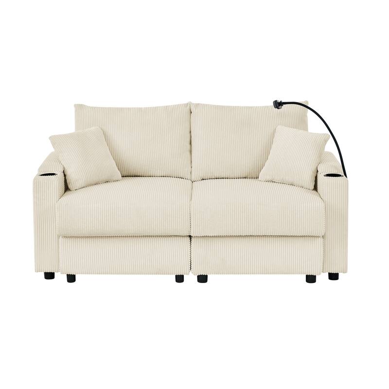 Corduroy Deep Seat Loveseat Sofa, Upholstered Couch Settee with Storage, 2 Seater Sofa with Cup Holders and Phone Holder - Beige