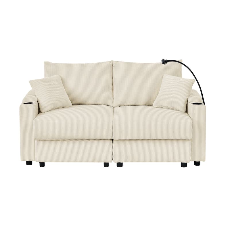 Wide Armrests Sofa Couch with Wood Frame, Simple Loveseat Sofa Couch with with Cup Holders & Phone Holder