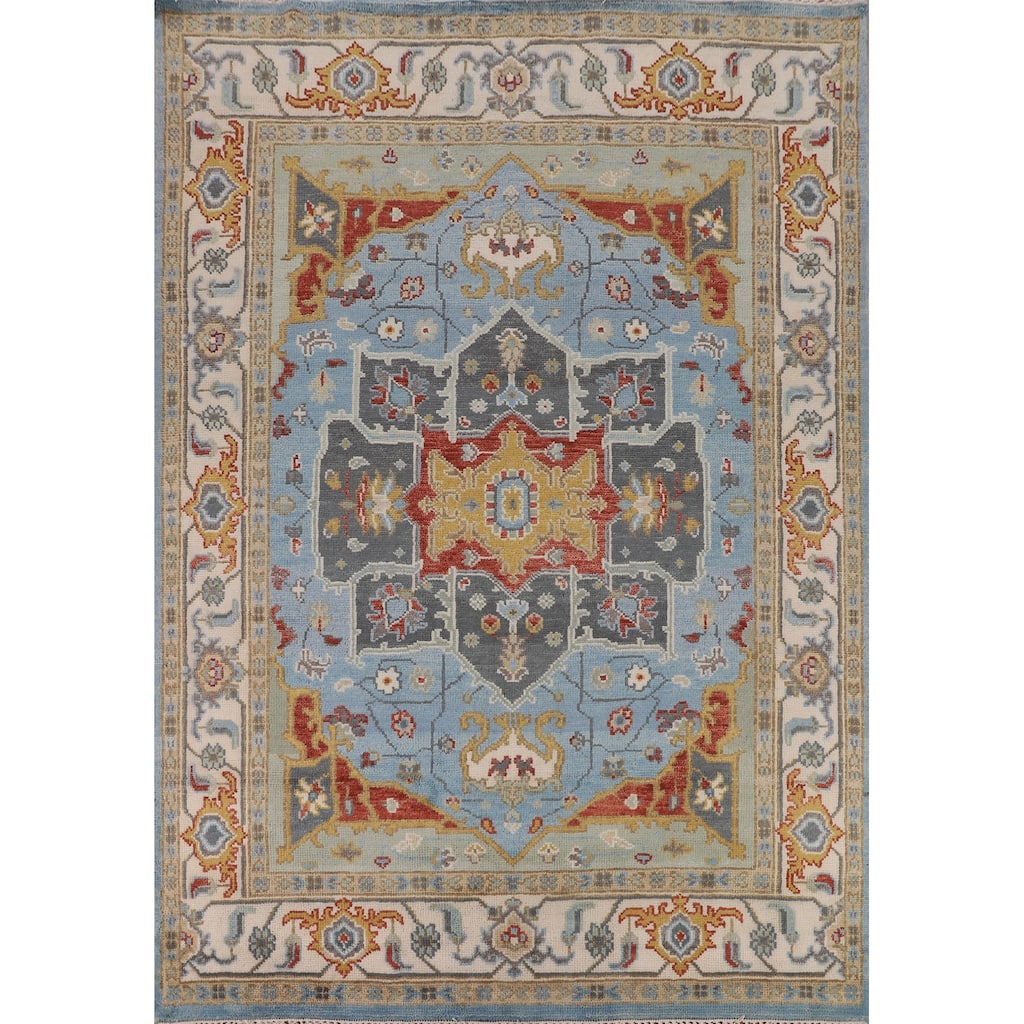 Light Blue Geometric Heriz Serapi Indian Area Rug Handmade Wool Carpet - 7'11" x 10'0"