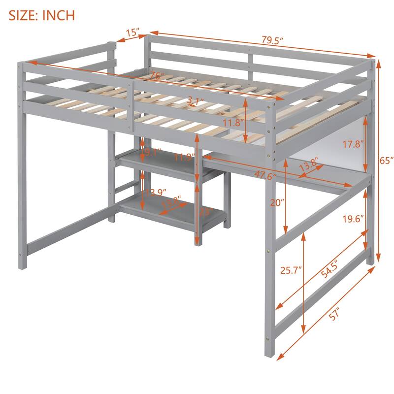 Wooden Twin/Full Size High Loft Bed with Built-in Desk and Shelves