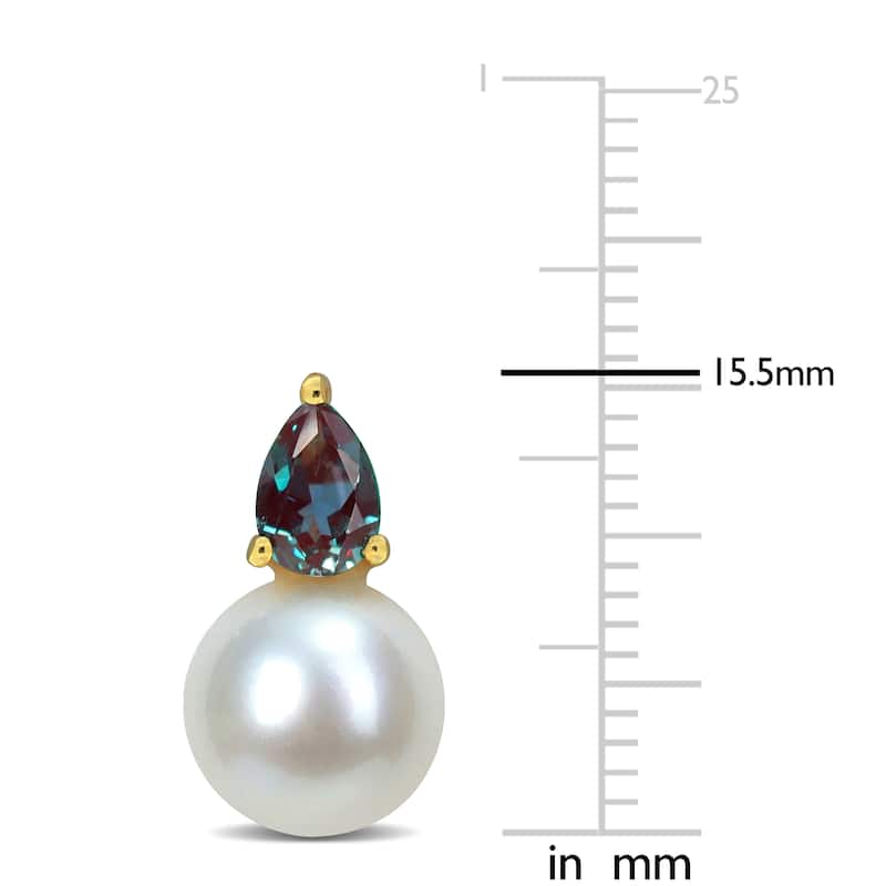 Miadora 1 1/5ct TGW Created Alexandrite and 8.5-9mm Cultured Freshwater Pearl Earrings Yellow Silver - 15.5 mm x 8.7 mm x 8.7 mm
