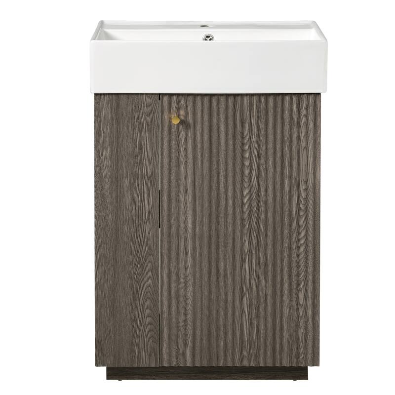 22" Bathroom Vanity with Ceramic Sink - Freestanding Modern Wood Grain Cabinet, Open & Closed Storage for Small Bathrooms