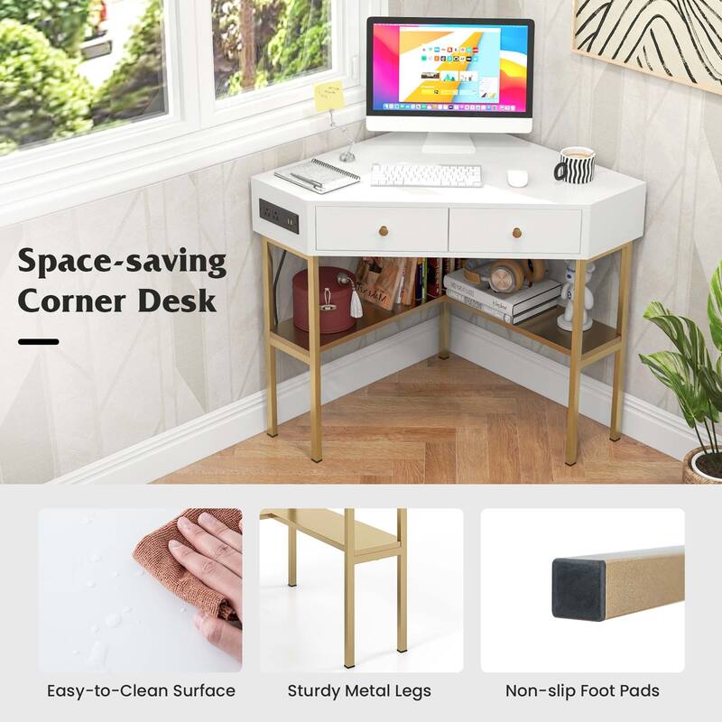 Costway Corner Desk with Built-in Charging Station Storage Drawers &
