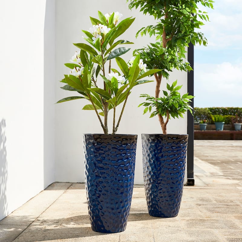 Glitzhome Set of 2 Oversized Tall Planter Honeycomb Textured Gradient Cobalt Blue Garden Plant Pots with Drainage Holes