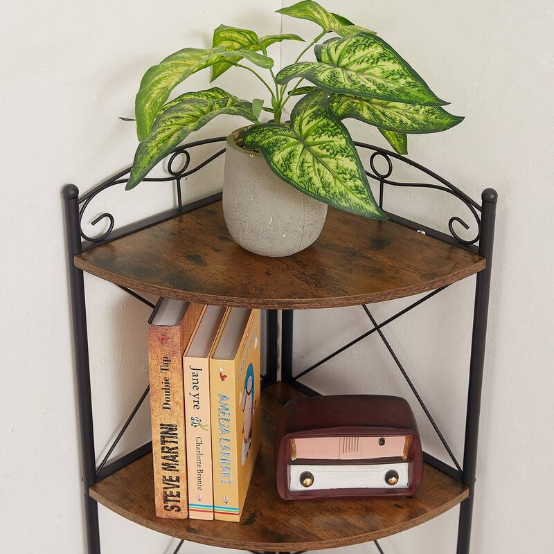 VECELO 5-Tier Corner Bookshelf, Brown Fan-Shaped MDF Shelf with Black Metal Frame Open Storage Organizer for Living Room Bedroom