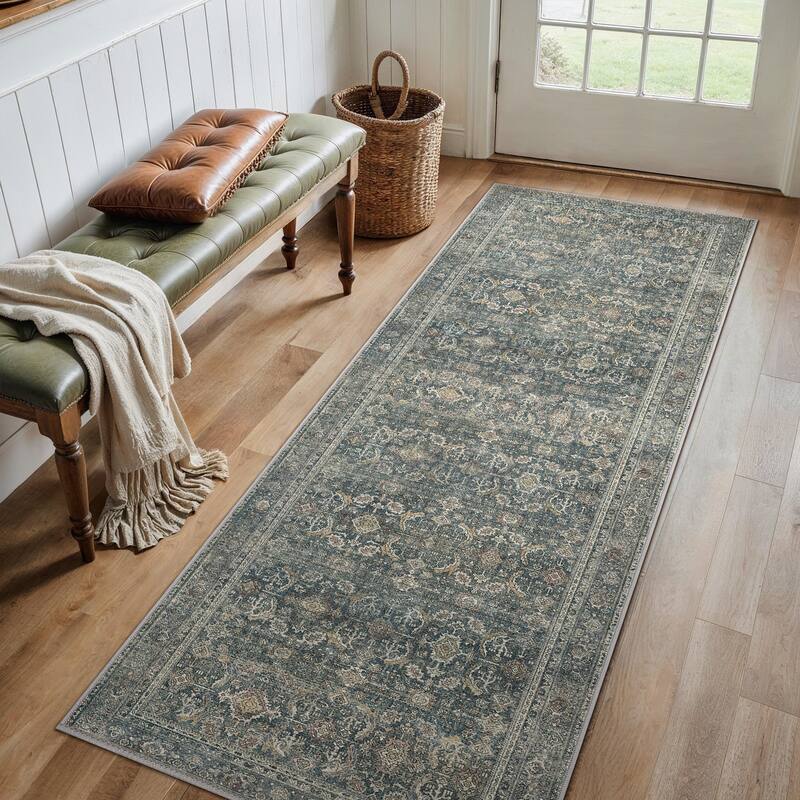 Mcow Grace Muted Floral Low Pile Non-Slip Machine Washable Area Rug - 2' x 7' - Deep Green - Runner