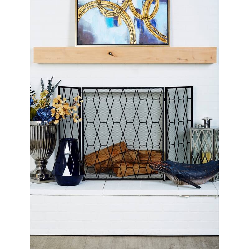 Black Metal Foldable Mesh Netting 3 Panel Geometric Fireplace Screen - Black