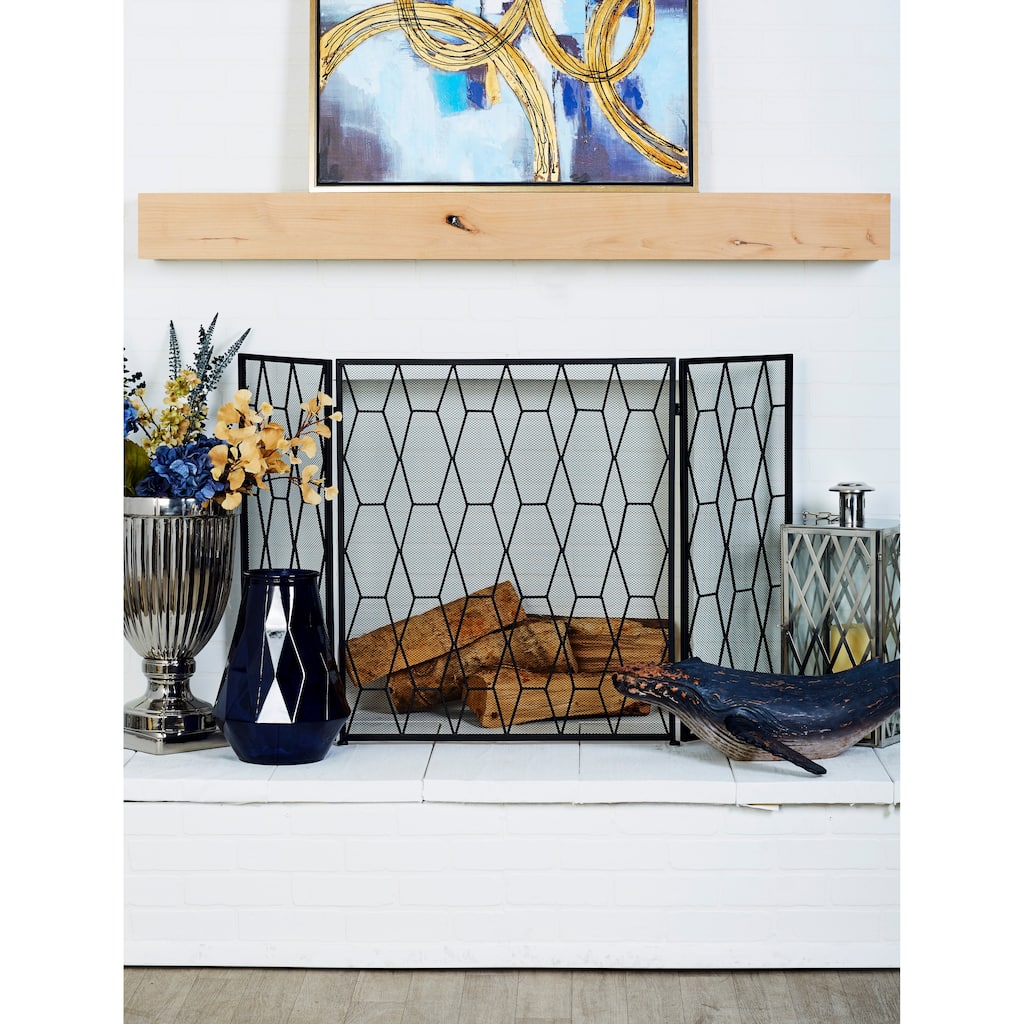 Black Metal Foldable Mesh Netting 3 Panel Geometric Fireplace Screen