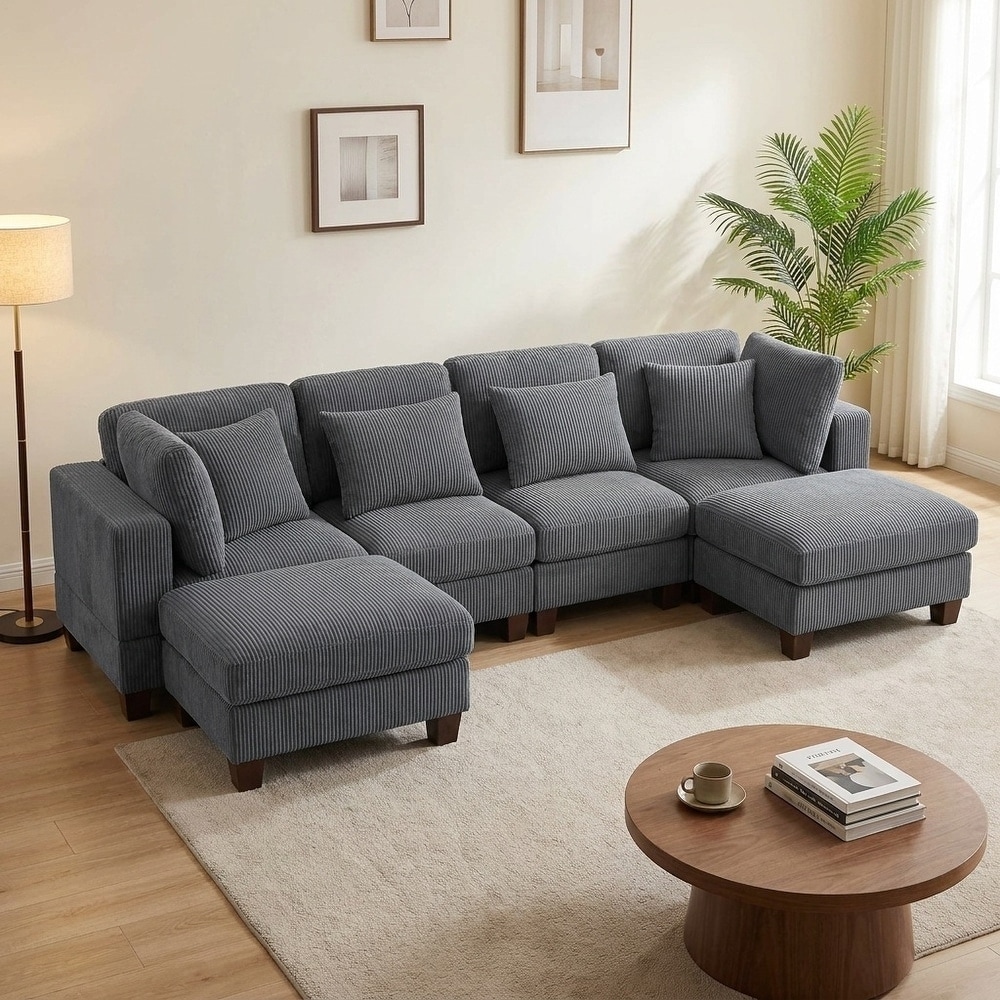 Corduroy Upholstered Sofa with Ottomans, 3-Seat & 4-Seat Living Room Couch Set, Cozy Modular Seating for Home