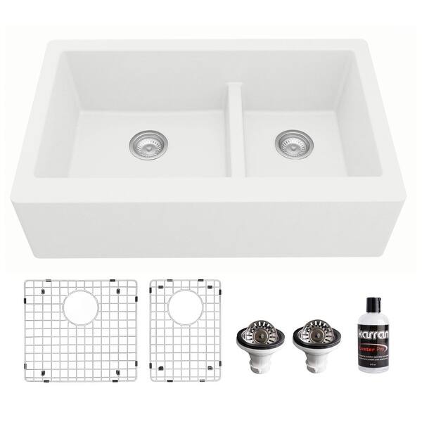 slide 2 of 62, Karran Farmhouse/Apron-Front Quartz Double Bowl Kitchen Sink Kit White