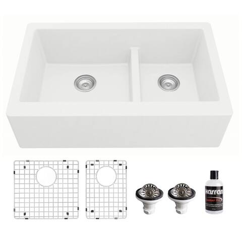 Karran Farmhouse/Apron-Front Quartz Double Bowl Kitchen Sink Kit