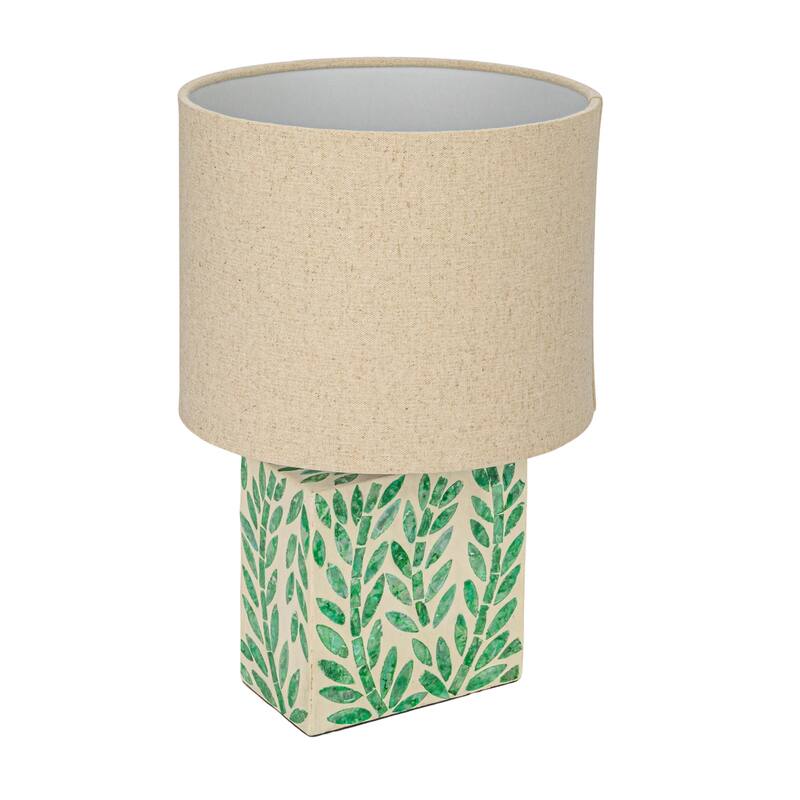 Reclaimed Wood and Shell Botanical Table Lamp with Linen Shade - 9.1"L x 9.1"W x 13.6"H