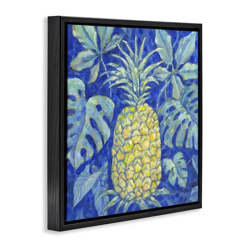 Stupell Tropical Pineapple on Blue Framed Floater Canvas Wall Art Design By Paul Brent