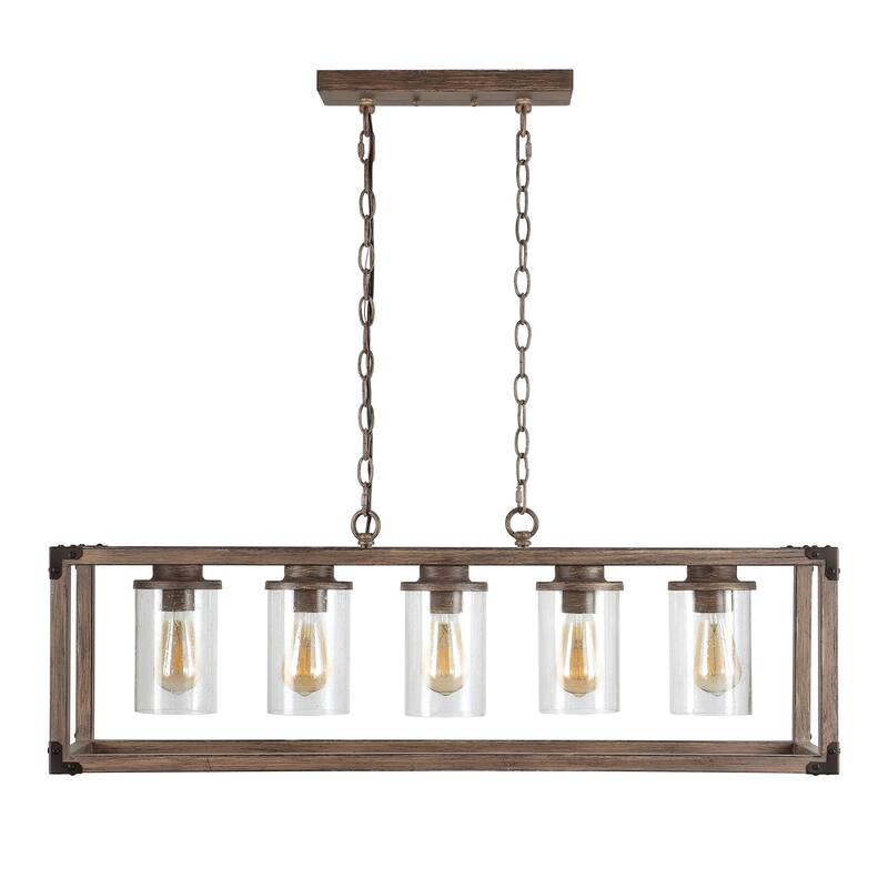 Darlene 36" 5-Light Linear Adjustable Iron/Seeded Glass Rustic Farmhouse LED Pendant, Brown by JONATHAN Y