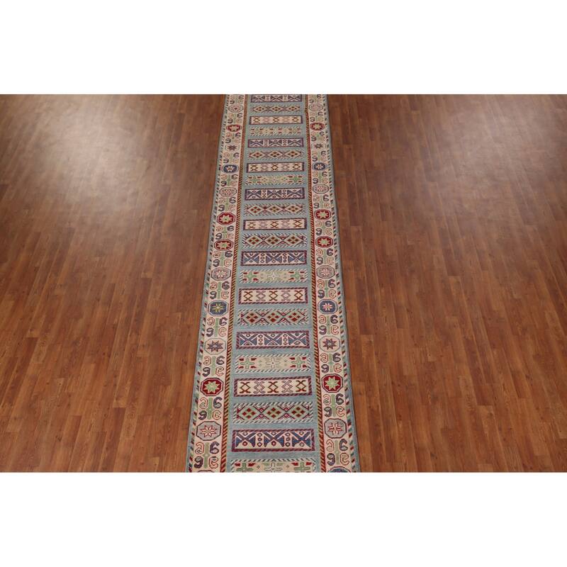 Blue Kazak Oriental Runner Rug Hand-Knotted Geometric Wool Carpet - 3'3" x 16'3"