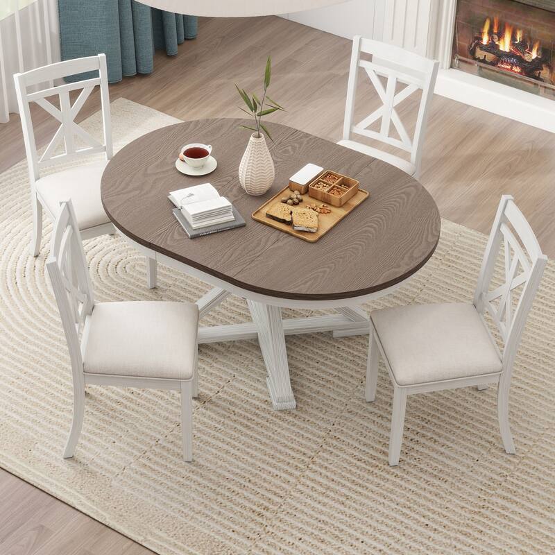 5-Piece Retro Extendable Round Dining Set with Upholstered Chairs by Harper&Bright Designs