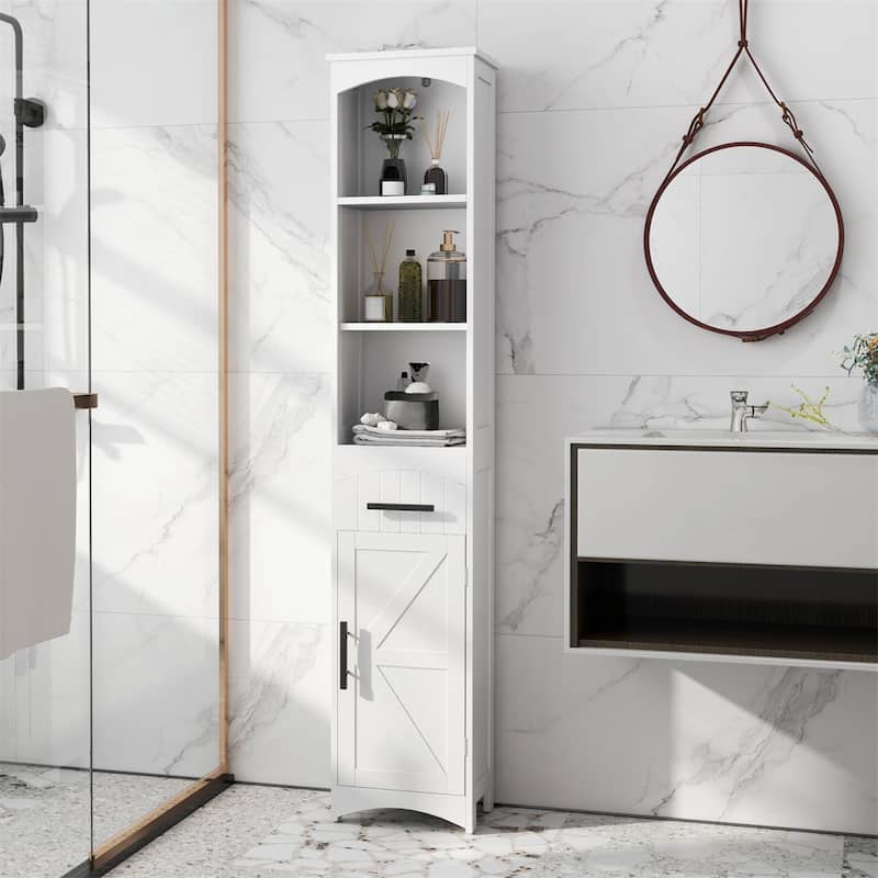 White Tall Cabinet with Drawer and Open Shelves Barn Door Style for Bathroom or Kitchen Use - 13.4" L x 9.4" W x 66.9" H