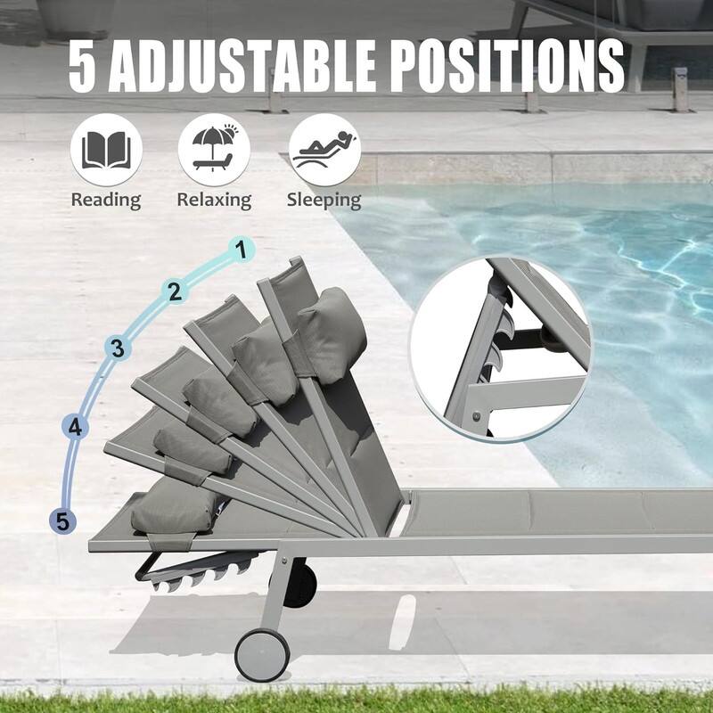 3 Piece Adjustable Patio Lounge Set,Textilene Chaise Chairs with Wheels and Table
