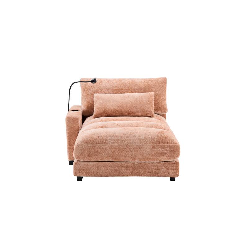 Chenille Single Sofa Chair Chaise Lounge with Phone Holder, Upholstered Recliner Sleeper Sofa Bed for Living Room