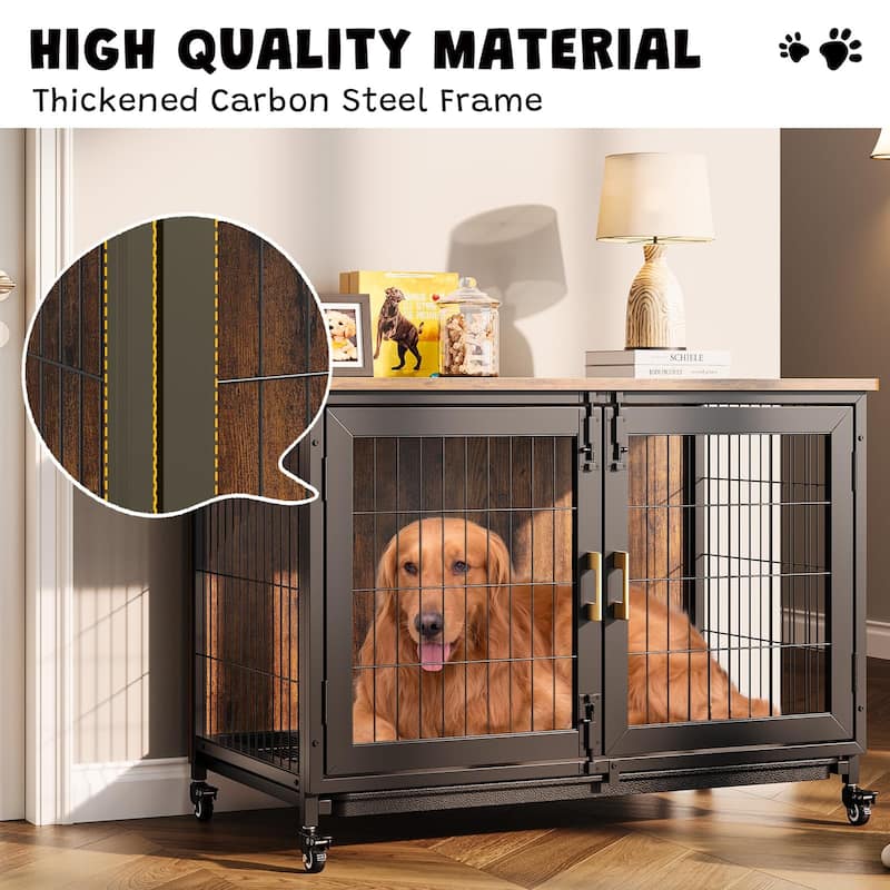 Wooden Dog Crate Furniture with Wheels, Pull-Out Tray, Dual Doors