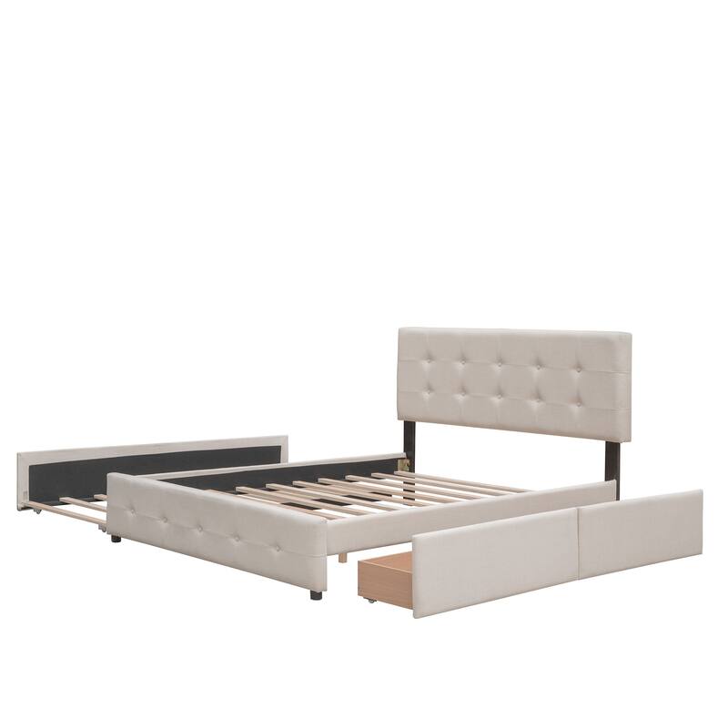 Queen Linen Upholstered Trundle Bed with 2 Drawers