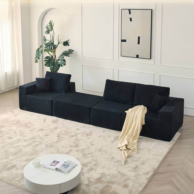 Modular L Shaped Sectional Sofa with Ottoman, Corduroy Boneless Cloud Sofa, 3 Seater Upholstered Sofa with 2 Pillows
