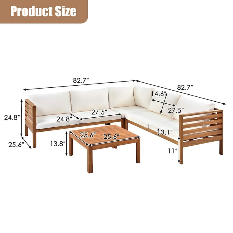 Roomfitters 3-Piece Outdoor Sectional Sofa Set with Coffee Table, Solid Wood Frame L-Shaped Patio Furniture
