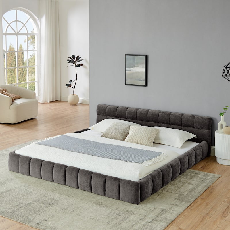King Size Chenille Upholstered Platform Bed with Headboard