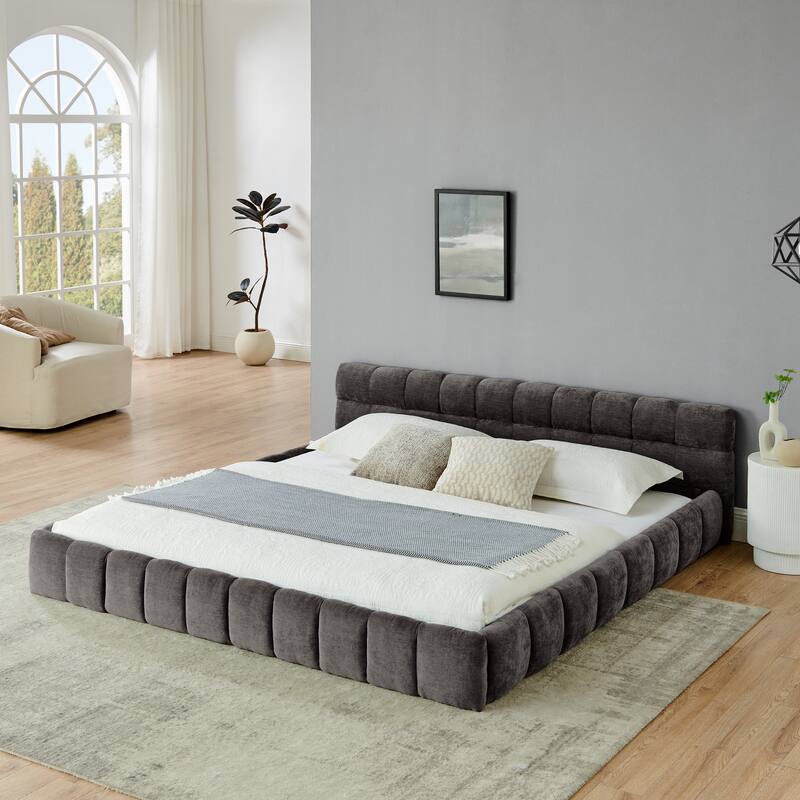 King size Upholstered Bed Frame with Thick Fabric, Chenille Fabric Grounded Queen Size Platform Bed with Headboard