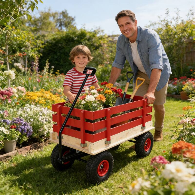 Children's and garden wooden carriages all terrain rubber inflatable wheelers