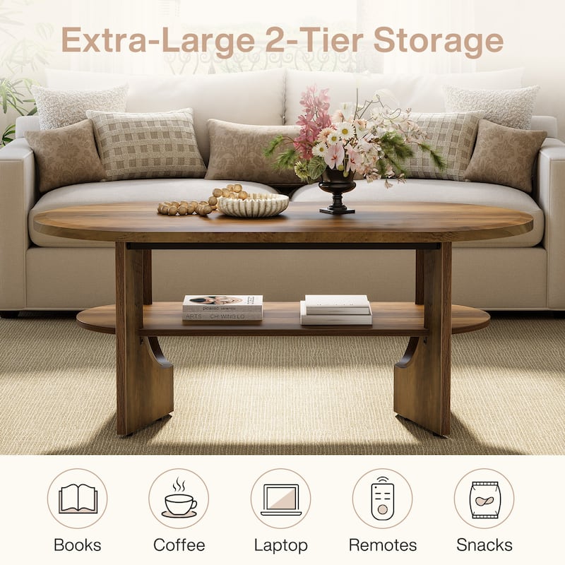 47.24" Farmhouse Wooden Oval Center Coffee Table with Storage