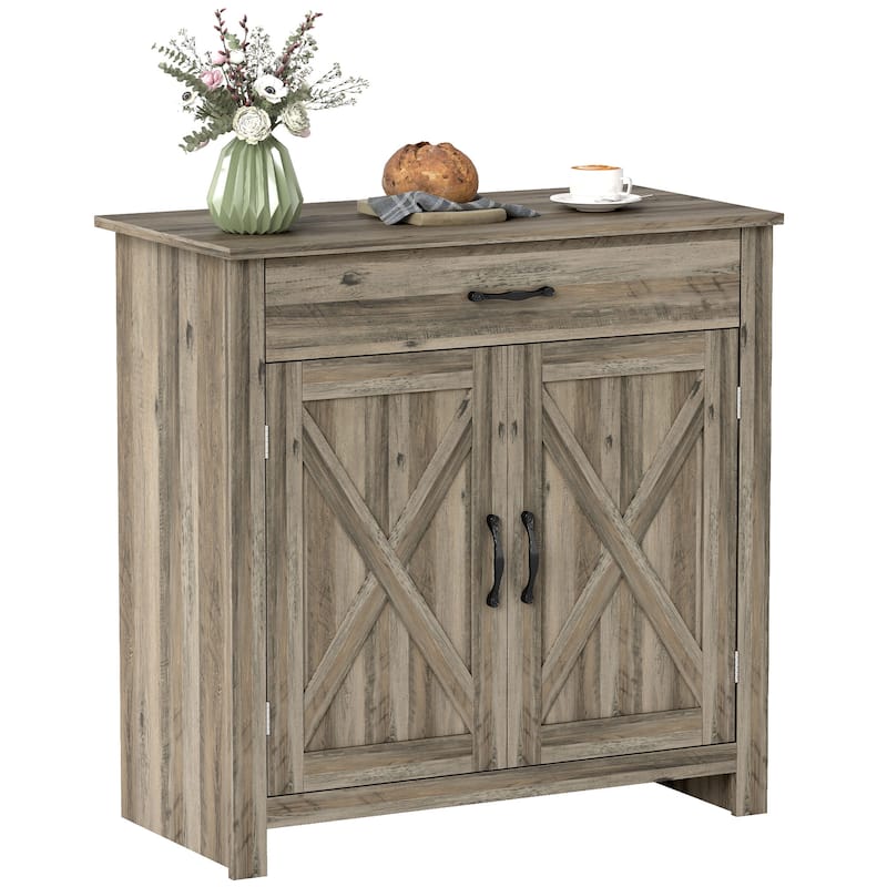 HOMCOM 32" Farmhouse Barn Door Style Sideboard Cabinet,Buffet Storage Cabinet Coffee Bar for Living Room or Entryway