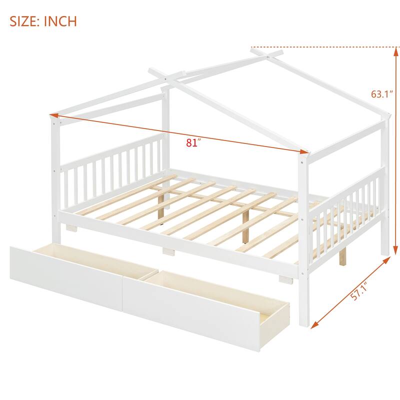Twin/Full Size Wooden House Bed with Roof and 2 Drawers, Kids Platform Bed with Storage, Solid Pine Frame