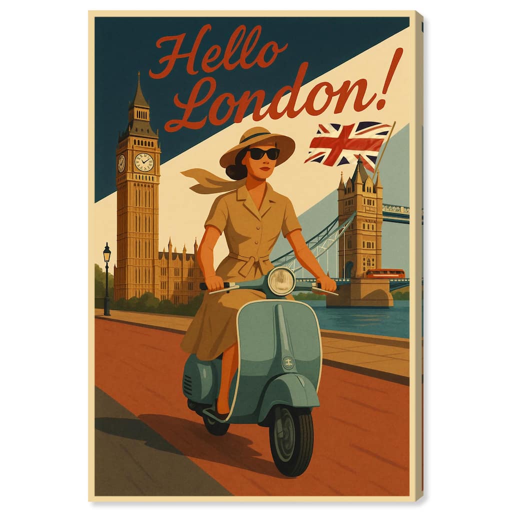 Scooter English Travel Canvas by Art Remedy, Gallery Wrapped