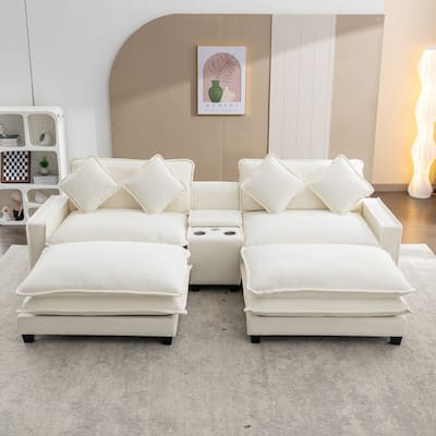 112.6 "Chenille Upholstered Sofa, Two Removable Ottomans, Two USB Ports