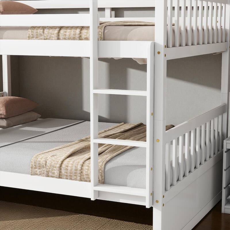 Full Over Full Rubber Wood Bunk Bed with Trundle, Convertible into Two Full Beds, Ladder and Guardrails Included