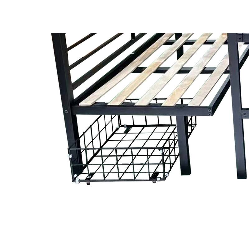 Convertible Full Size Loft Bed with Table & Storage, Metal Frame, Quiet Wood Slats, Safety Rails, Space-Saving Design
