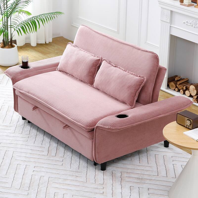 65.74-inch Pink Letter Striped Corduroy Multifunctional Sofa Bed with Adjustable Armrests and Backrests