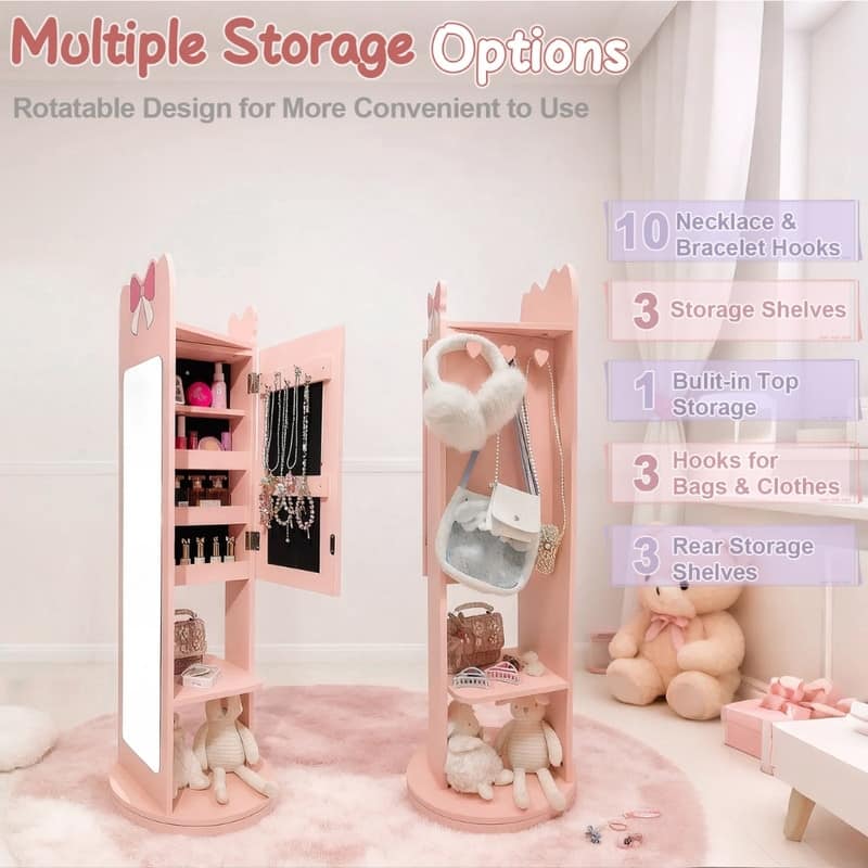 Kids MDF Jewelry Cabinet In White Jewelry Armoire With Rotatable Base, 1 Door And 1 Shelf - N/A