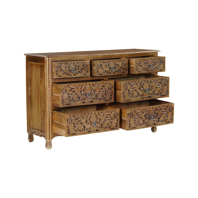 HomeRoots 57" Brown Carved Floral Solid Wood Seven Drawer Dresser