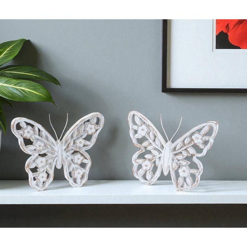 HomeRoots Set of Two White And Beige Polyresin Butterfly Tabletop Sculptures - 7.00 in. x 5.50 in. x 1.00 in. - White/Beige - 7.00 in. x 5.50 in.  x 1.00 in.