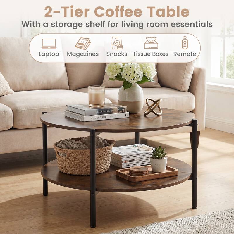 Gymax Round Coffee Table w/Open Storage Shelf Circle Cocktail Table