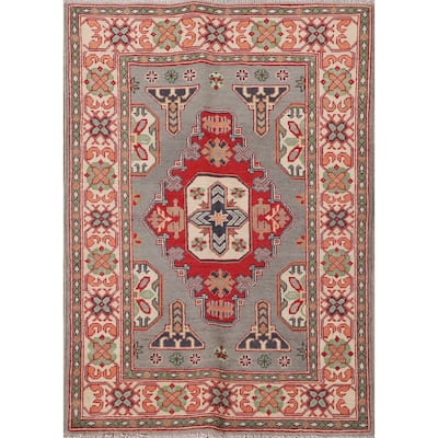 Gray Geometric Kazak Oriental Accent Rug Handmade Wool Carpet - 3'4"x 4'10"