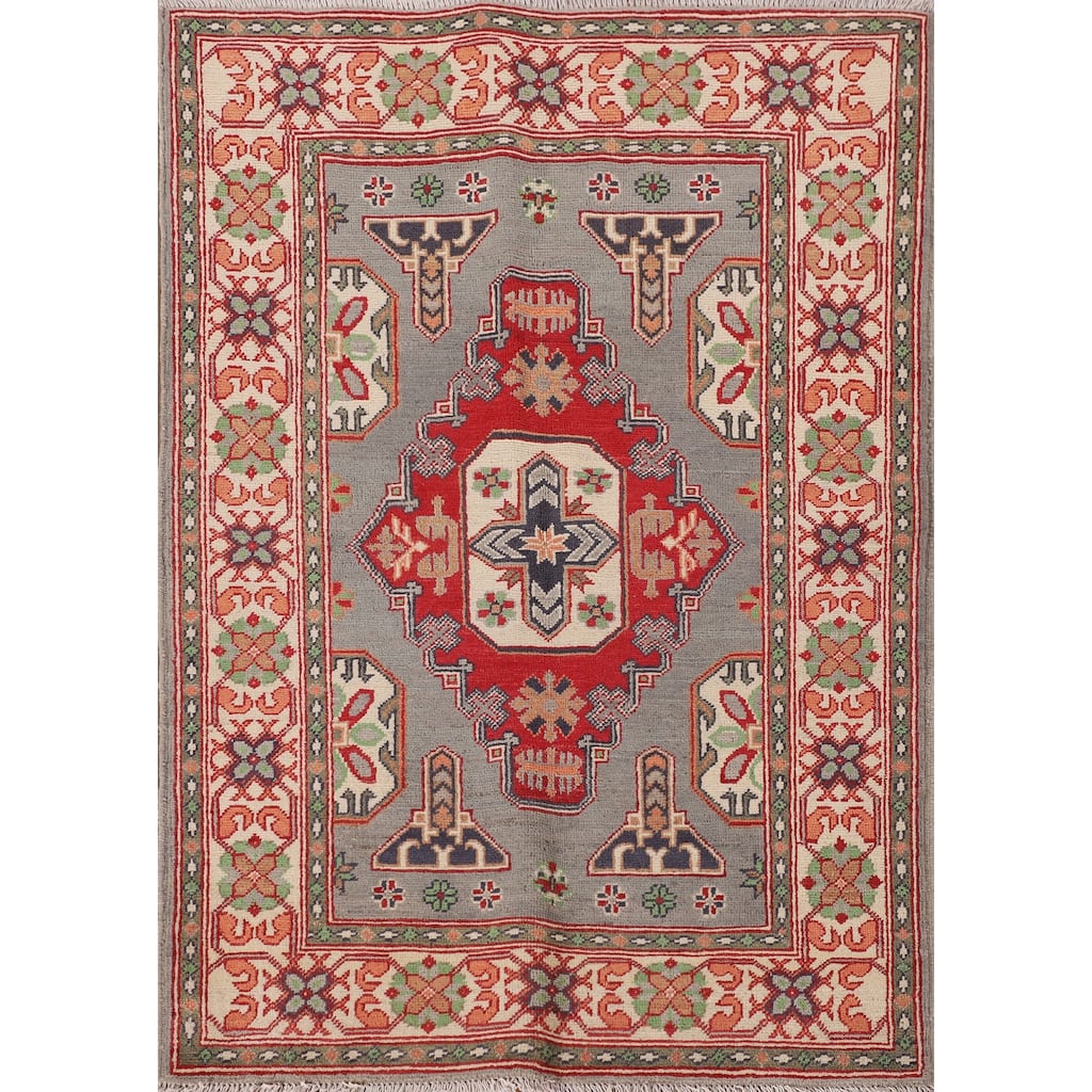 Gray Geometric Kazak Oriental Accent Rug Handmade Wool Carpet - 3'4"x 4'10"