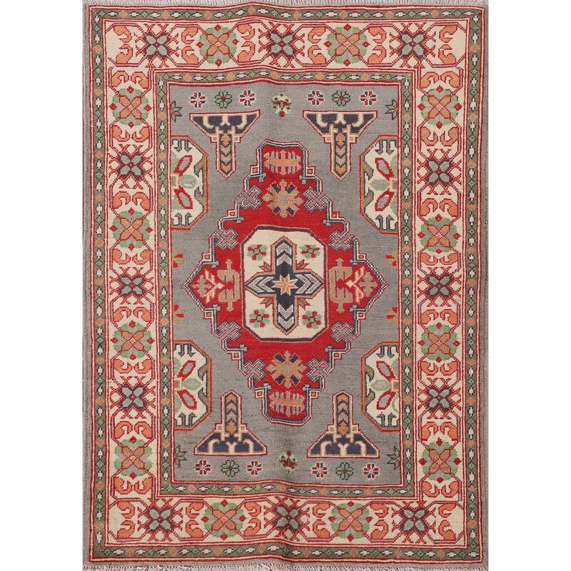 Gray Geometric Kazak Oriental Accent Rug Handmade Wool Carpet - 3'4"x 4'10"