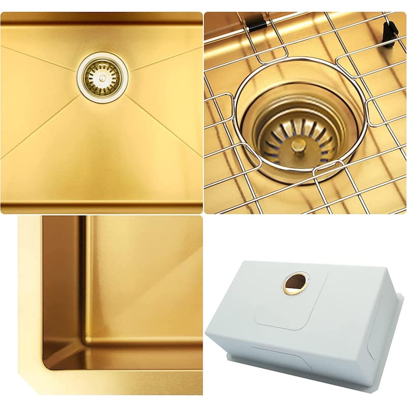 HomeRoots 9" X 30" Gold Stainless Steel Undermount Kitchen Sink - 30.00 in. x 9.00 in. x 18.00 in.
