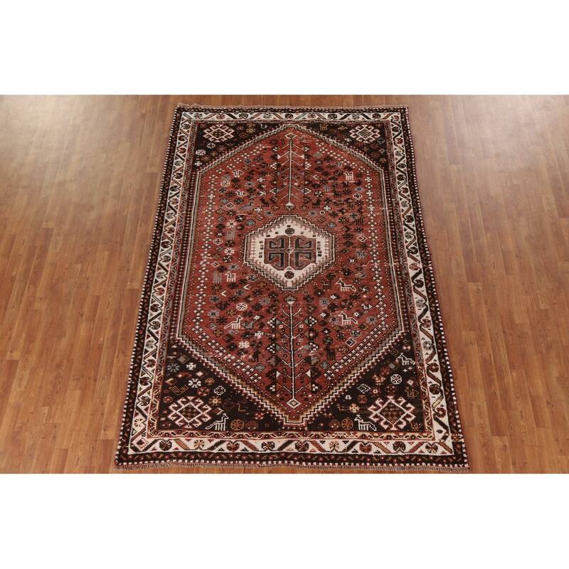 Animals Tribal Qashqai Persian Vintage Rug Hand-Knotted Wool Carpet - 6'4"x 9'1"