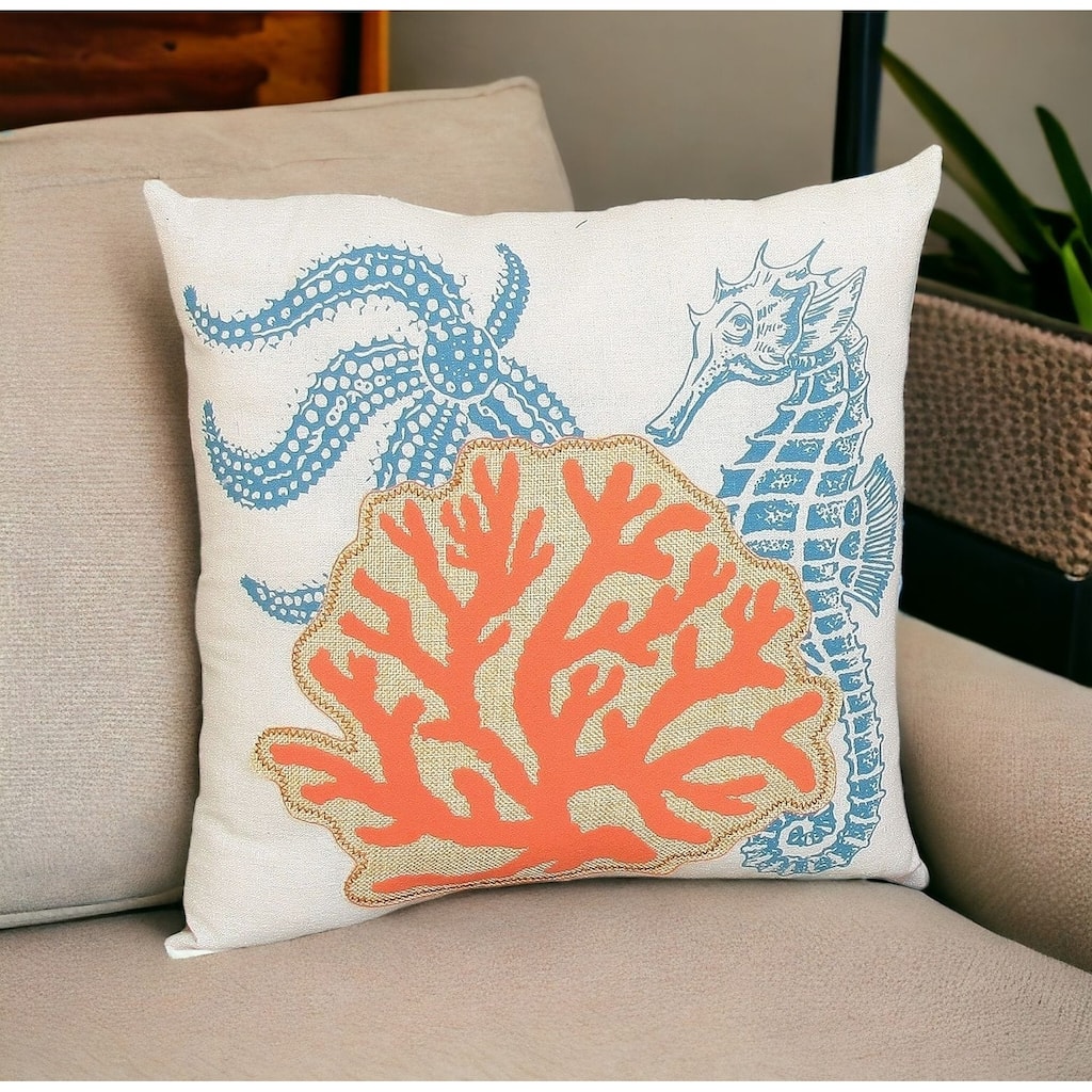 HomeRoots 18" X 18" Blue and Orange Seahorse Coastal Polyester Pillow With Applique