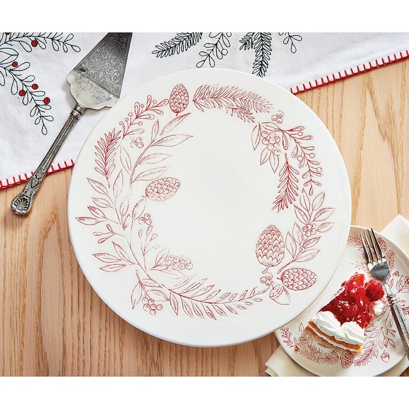 Tis Season Floral with Pinecones Wreath Themed Earthenware Cake Plate, 14 in.